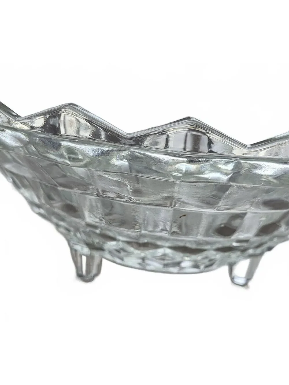 Vintage Clear Glass Footed Serving Bowl Cubist Diamond Point